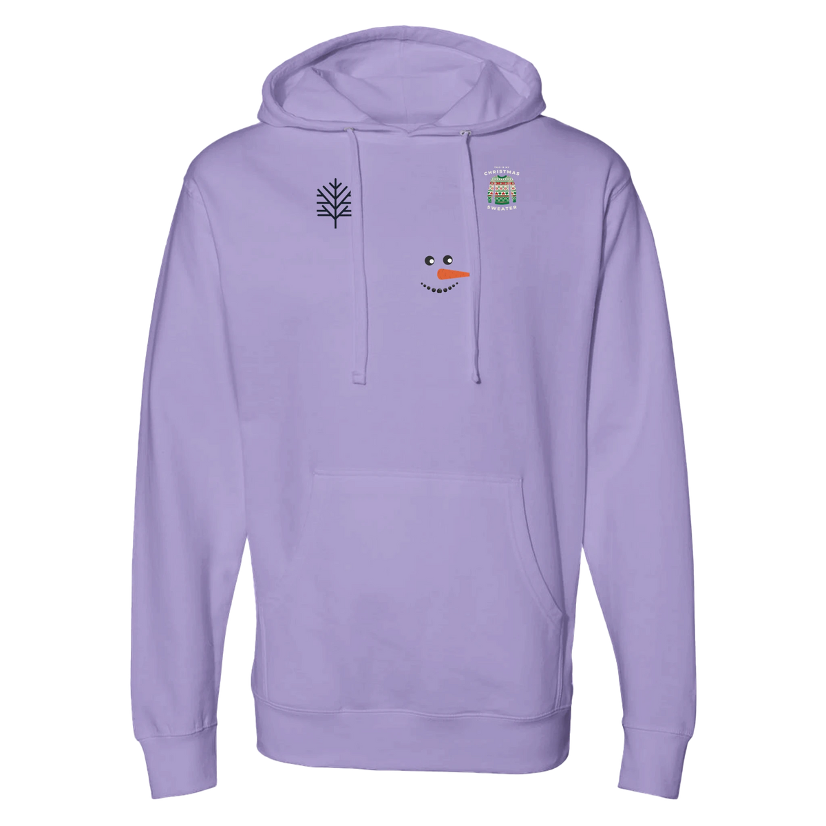 Front view of lavender pullover hoodie with tree and snowman graphics, drawstring hood and pouch pocket