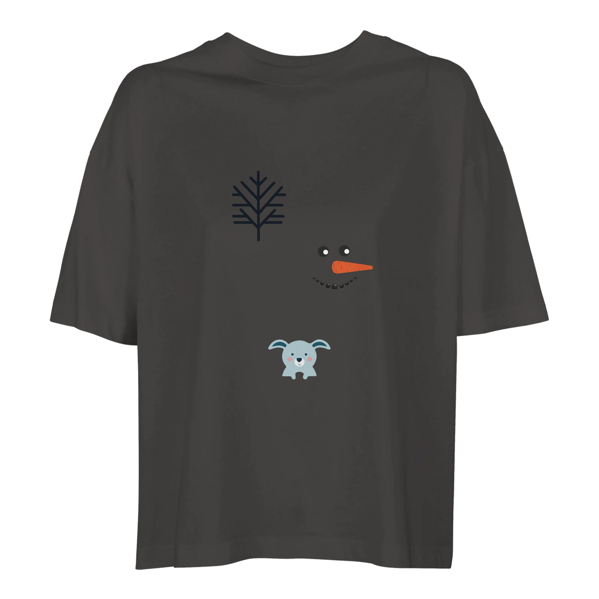  “Pepper cropped T-shirt with barren tree, snowman face and teddy bear design.”