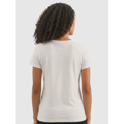 Back view of women's off white short sleeve V-neck T-shirt, Le Van Kamp Studio affirmation collection