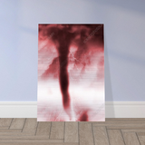Pink tornado swirling through a rose-tinted sky, printed on brushed aluminum, leaning against a blue-grey wall on parquet floor — The Pink Tornado — Here I Come by m.v.k — Le Van Kamp Studio