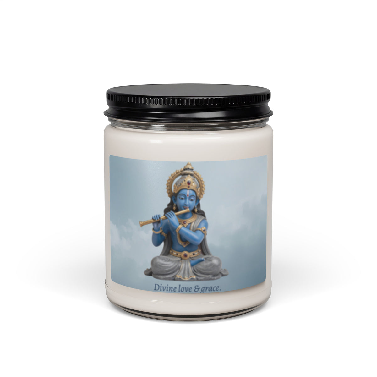 Krishna Love Heals white sage and lavender meditation candle front — Le Van Kamp Studio