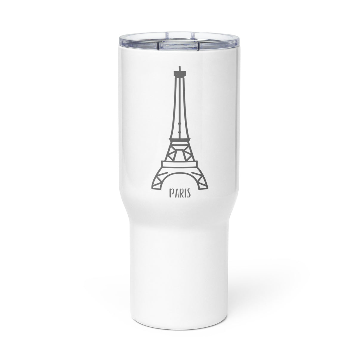 Bienvenue à Paris premium stainless steel travel mug with handle front — Le Van Kamp Studio
