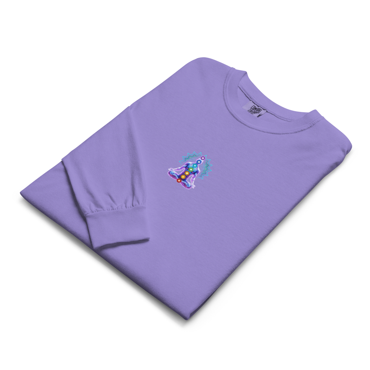 Aligned lavender long-sleeve tee — Buddha chakra print by Le Van Kamp Studio, detail view