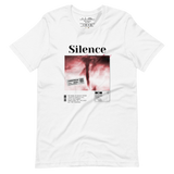 Pink Tornado Streetwear T-Shirt — "Silence Speaks Loud" graphic tee, white unisex cotton, relaxed flat lay showing natural fabric texture — Le Van Kamp Studio
