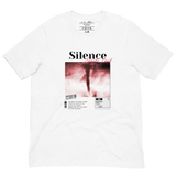 Pink Tornado Streetwear T-Shirt — "Silence Speaks Loud" graphic tee, white unisex cotton, relaxed flat lay showing natural fabric texture — Le Van Kamp Studio