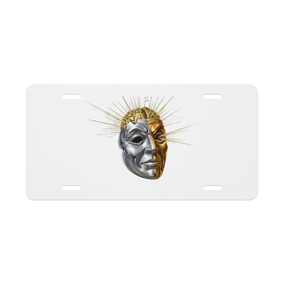 My Brain Explodes vanity license plate — front view, theater mask surrealist design, glossy aluminum — Le Van Kamp Studio
