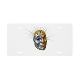 My Brain Explodes vanity license plate — front view, theater mask surrealist design, glossy aluminum — Le Van Kamp Studio
