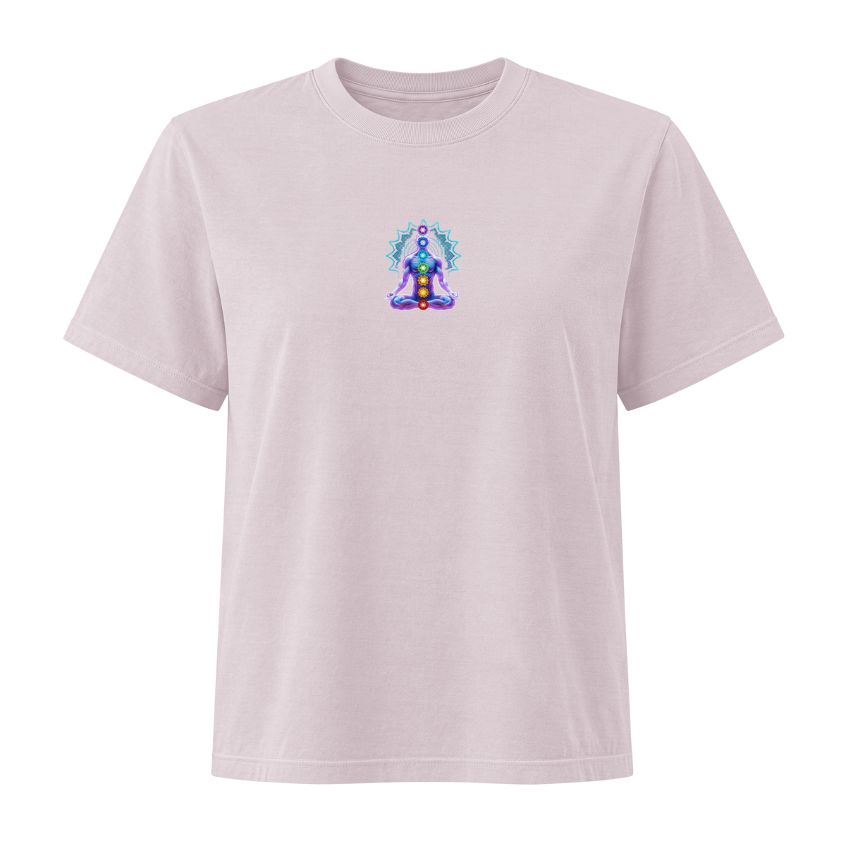 The Alignment Series — women's washed lavender tee, Buddha chakra print, front view | Le Van Kamp Studio